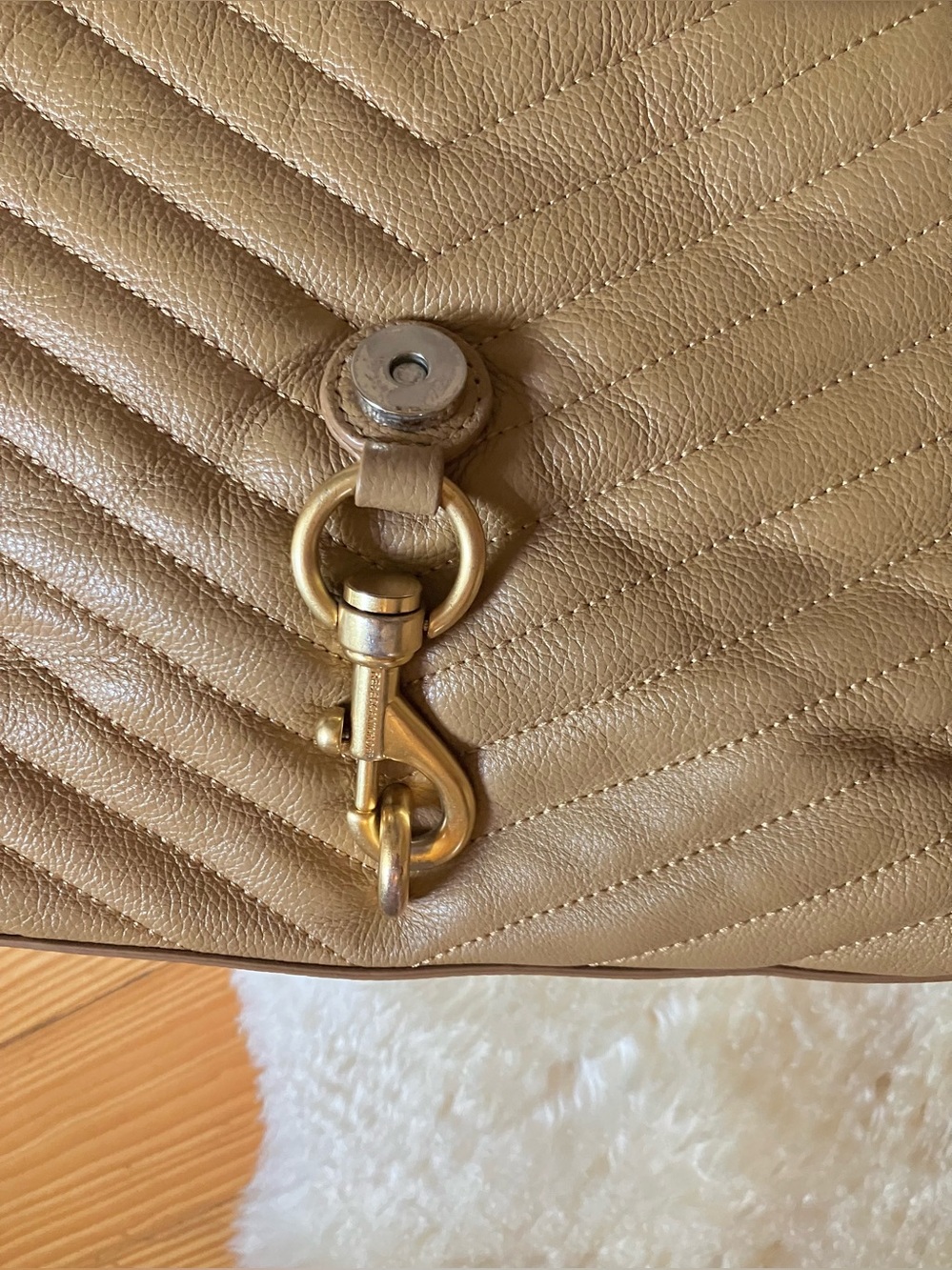 Rebecca Minkoff Edie Flap Chevron Quilted Leather Shoulder Bag in Tan - Picture 14 of 16